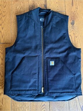 Carhartt Black Quilted Relaxed Fit Vest with Gold Zipper, Size L